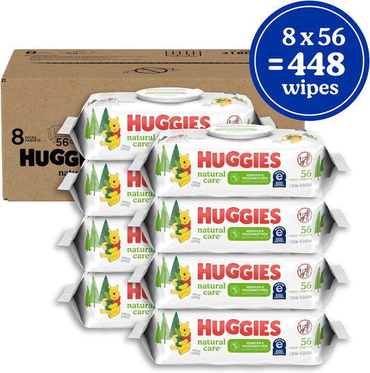 Huggies Natural Care Sensitive Baby Wipes, Unscented, Hypoallergenic, 99% Purified Water, 8 Flip-Top Packs (448 Wipes Total)